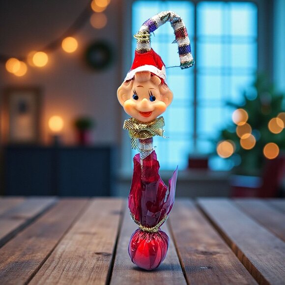 Vintage 1950s Japan Pixie Elf Lollipop Ornament Rubber Head Candy Cane Hat - Picture 1 of 11